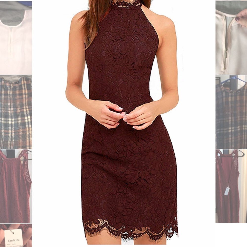 Red wine cocktail dress, high neck, lace.